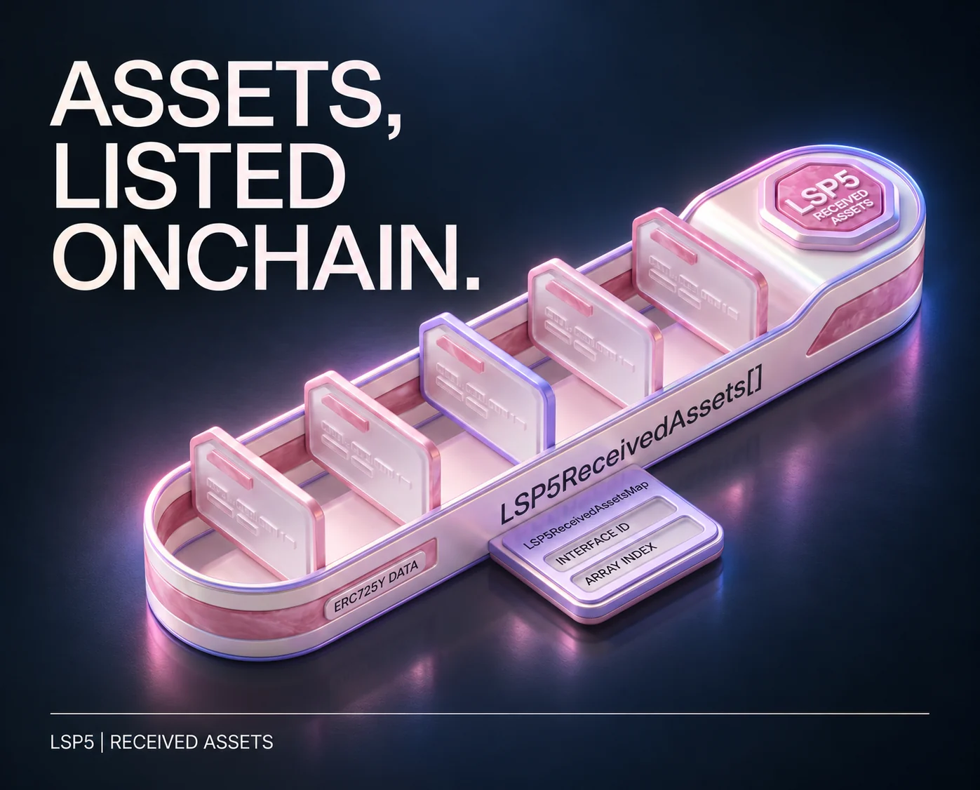 Assets, listed onchain. An illustration of tokens and collectibles associated with a Universal Profile.
