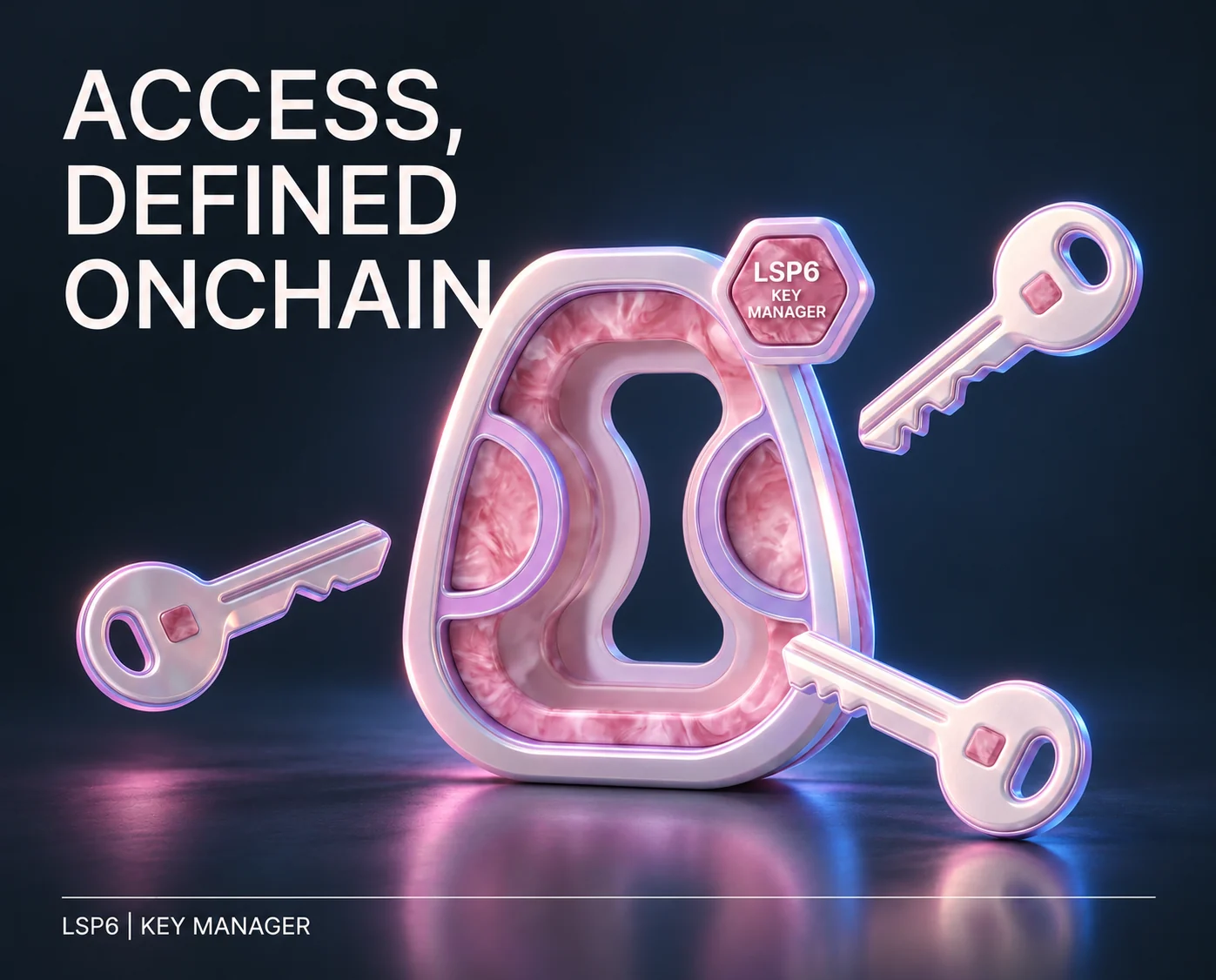 Access, defined onchain. One lock with a keyhole and three separate keys of equal size floating around it.